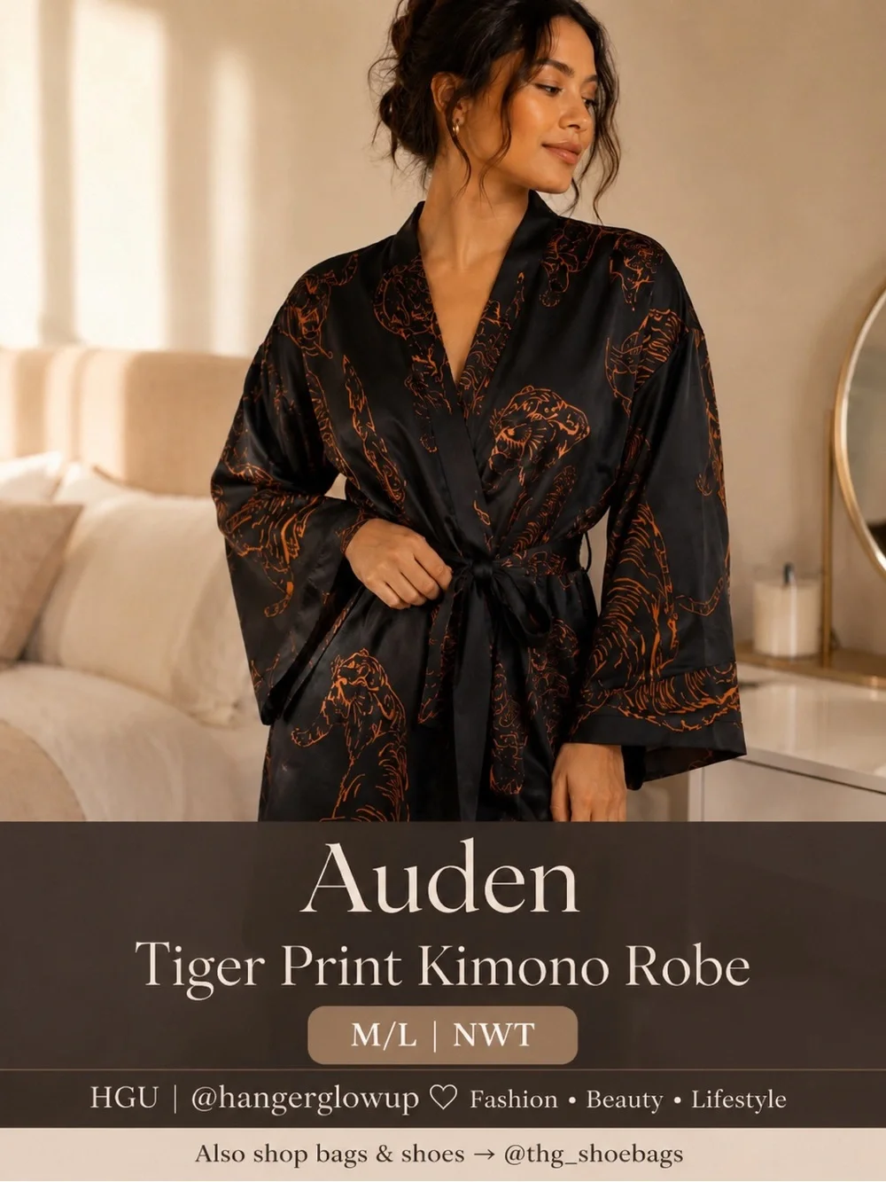 Auden Tiger Print Satin Kimono Robe Black Copper Tie Waist Sleepwear M/L - Picture 1 of 9